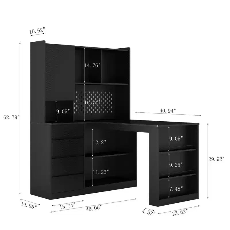 Hoekbureau in L-vorm van 46 inch met boekenkast en lades