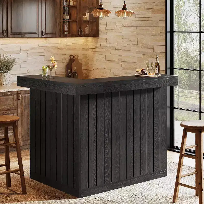 Lantine L-vormige thuisbar, hoekbartafel met 4 niveaus, opbergplanken en wijnglashouder voor thuisbar
