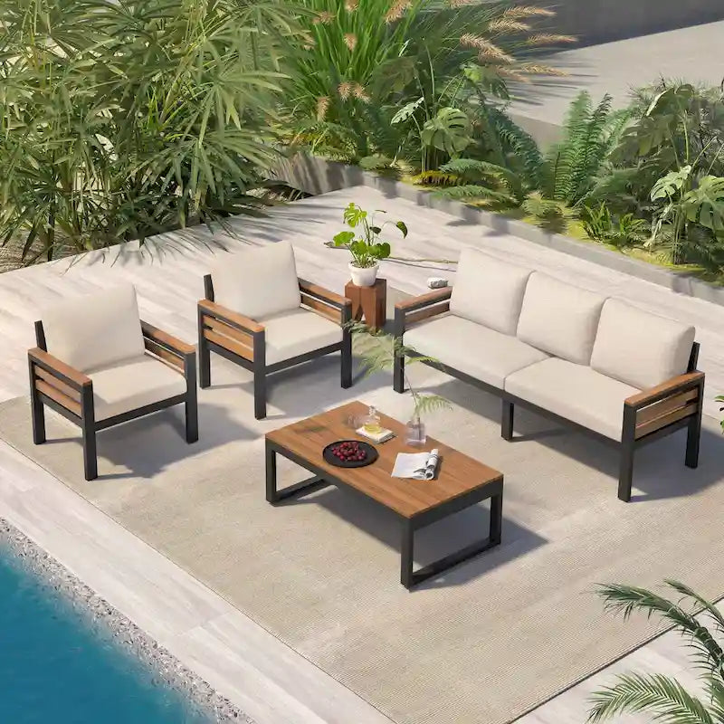 4-delige loungeset voor buiten voor 5 personen met salontafel van massief hout en afneembare kussens