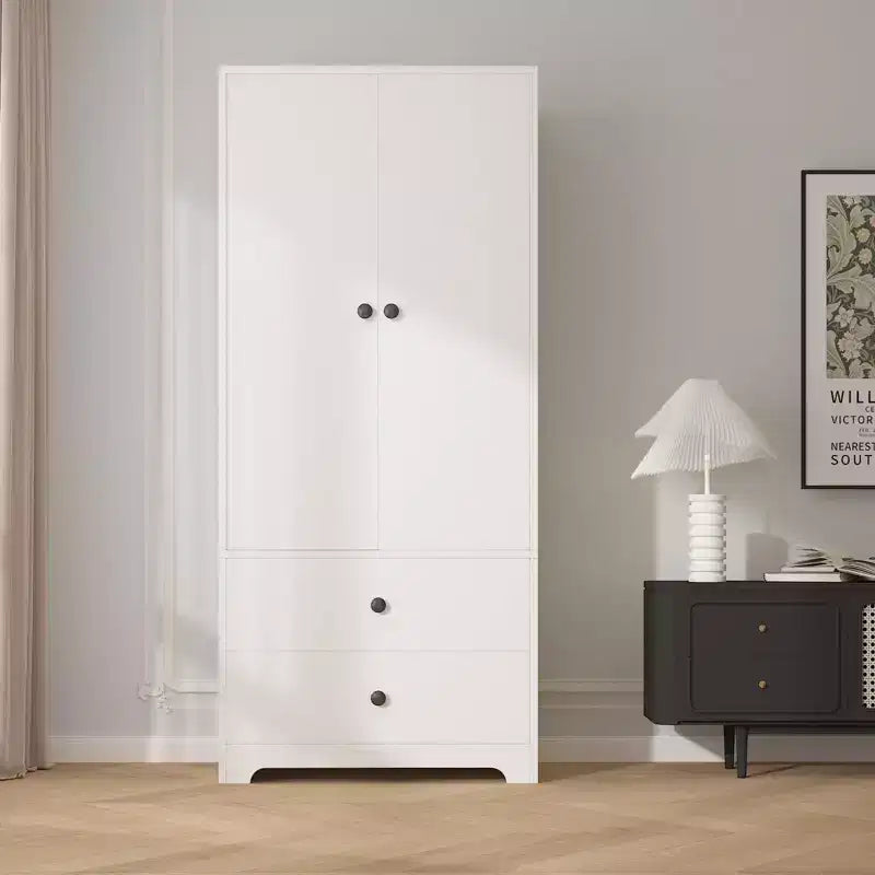 Moderne houten kledingkast van 71 inch voor de slaapkamer, met 2 deuren, 2 laden, verstelbare planken, opbergkast voor kleding en kledingroede