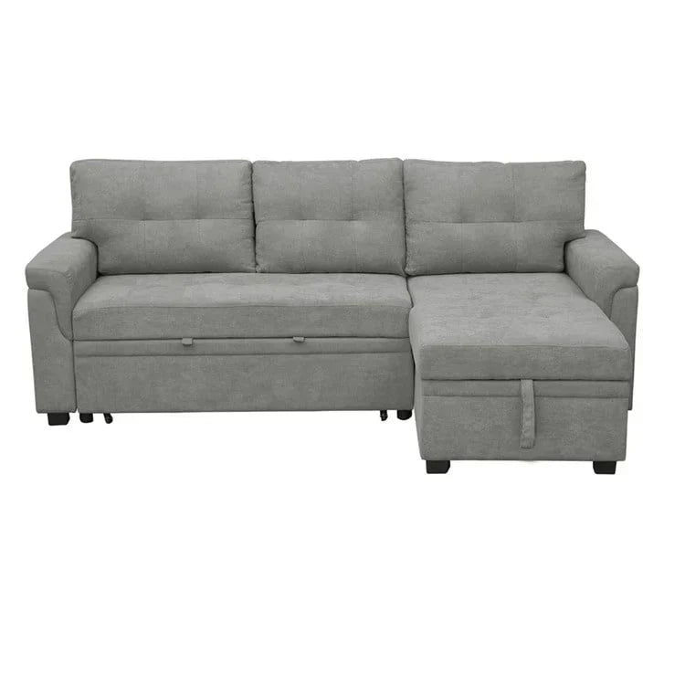 Canapé d’angle convertible et réversible avec lit escamotable, méridienne avec rangement dissimulé et pieds robustes