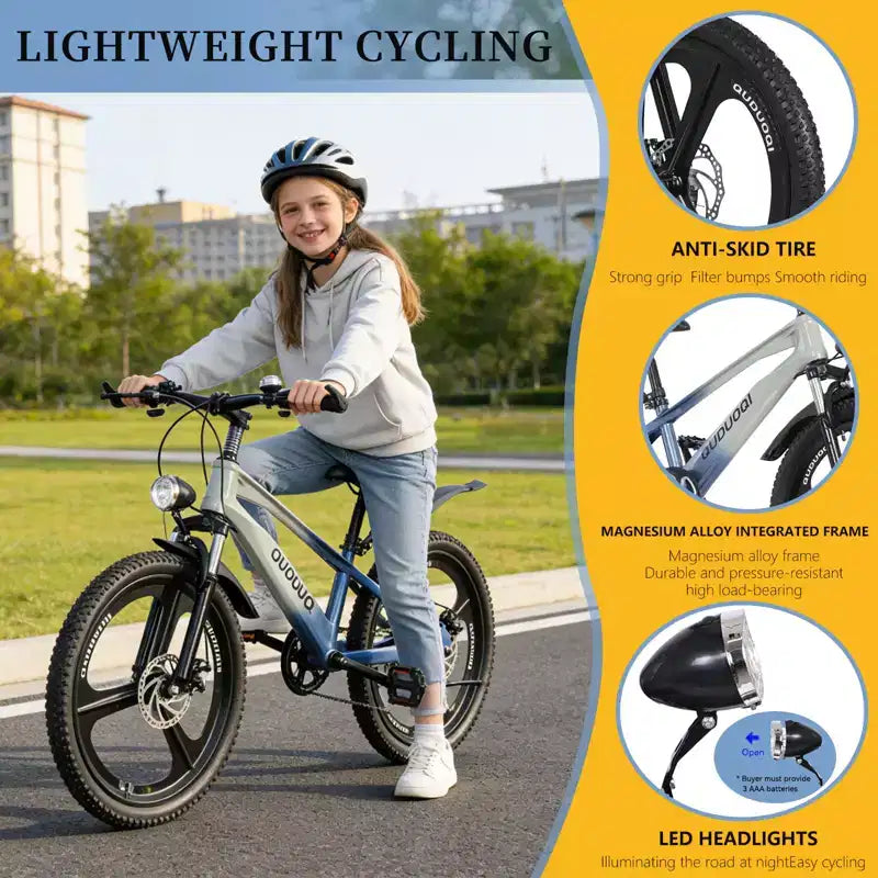 NAYSAYE mountainbike voor kinderen van 20 inch met 7 versnellingen en frame van magnesiumlegering, voor jongens en meisjes van 8-12 jaar, 57.09*21.65*29.92