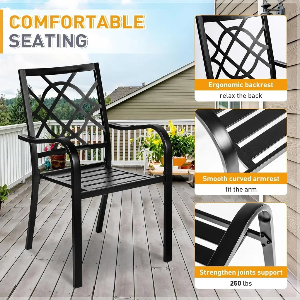 SUNCROWN 5-/7-teiliges Esstischset aus Stahl für die Terrasse, Metalltisch mit Lamellen und stapelbare Stühle, pulverbeschichtetes Gestell