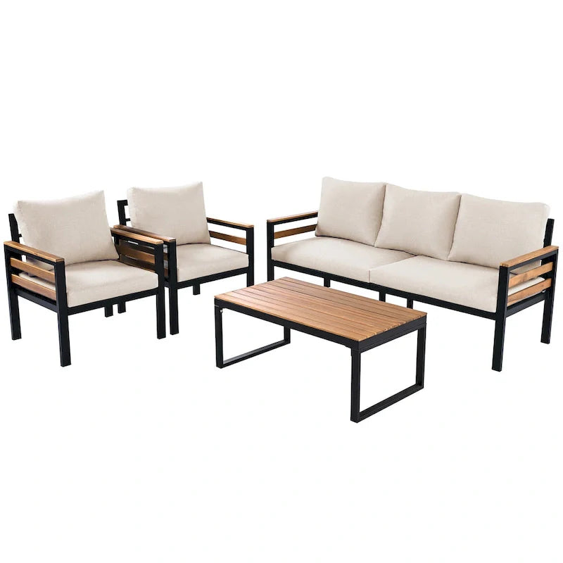 4-delige loungeset voor buiten voor 5 personen met salontafel van massief hout en afneembare kussens