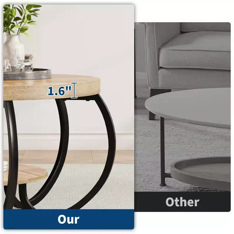 Runder Couchtisch im Industrial-Stil, 30 Inch, 2 Ablagen, verstellbare Füße, Ablage in Holzoptik, Flammendesign, einfacher Aufbau, Wohnzimmer