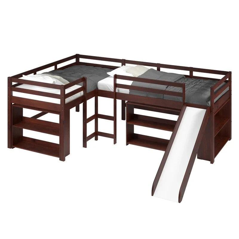Doppeltes Schlafzimmer-Set mit zwei L-förmig angeordneten Hochbetten und Rutsche in dunklem Cappuccino