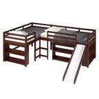 Doppeltes Schlafzimmer-Set mit zwei L-förmig angeordneten Hochbetten und Rutsche in dunklem Cappuccino