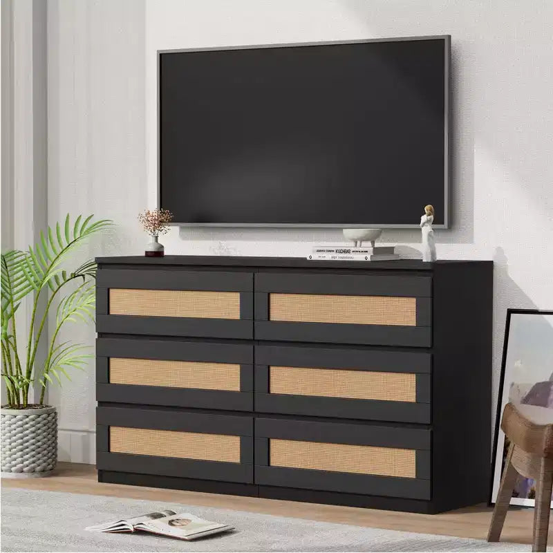 Rattan-Kommode fürs Schlafzimmer mit 6 Schubladen, 47 breite Kommode im modernen Landhausstil, Holz-Aufbewahrungsschrank und Organizer für Kleiderschrank, Wohnzimmer und Flur