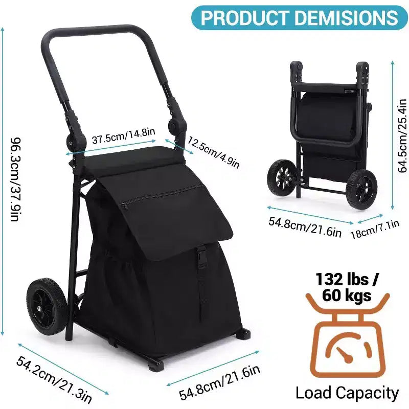 Acekool 2-in-1 klappbarer Transportwagen mit abnehmbarer wasserdichter Tasche, dickem Sitzpolster und verstellbarem rutschfestem Griff, Schwarz