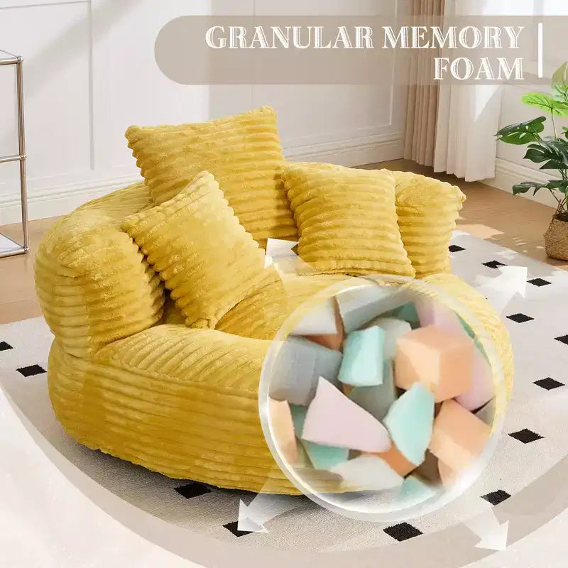 Sofa typu bean bag dla dorosłych i dzieci, duży fotel typu bean bag z sztruksu, 3 poduszkami i podłokietnikami do salonu lub sypialni
