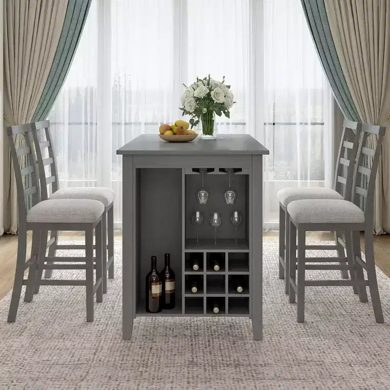 Eethoek in boerderijstijl met 5 delen en stoelen voor 4 personen op aanrechthoogte, rechthoekige houten tafel met opbergplanken en wijnvak
