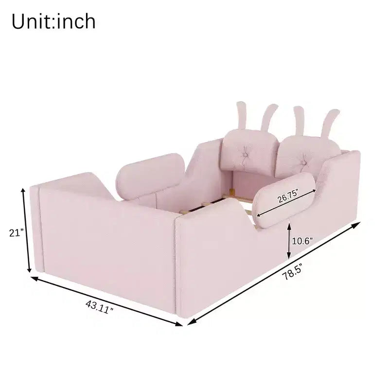 Lit plateforme simple Whisen, cadre de lit rembourré pour enfant au ras du sol avec coussin lapin et barrières latérales amovibles
