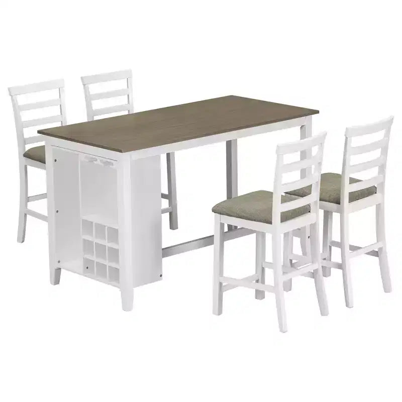 Eethoek in boerderijstijl met 5 delen en stoelen voor 4 personen op aanrechthoogte, rechthoekige houten tafel met opbergplanken en wijnvak