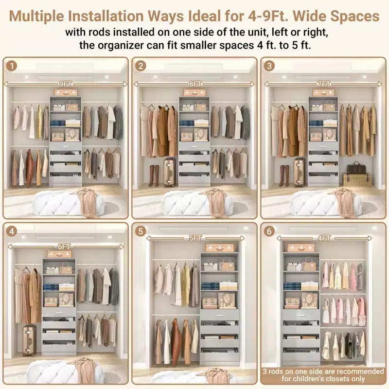 Besiost-Schrankorganisationssystem aus Holz, 4-9 Ft, mit 4 Schubladen, 4 Kleiderstangen und Regaltürmen