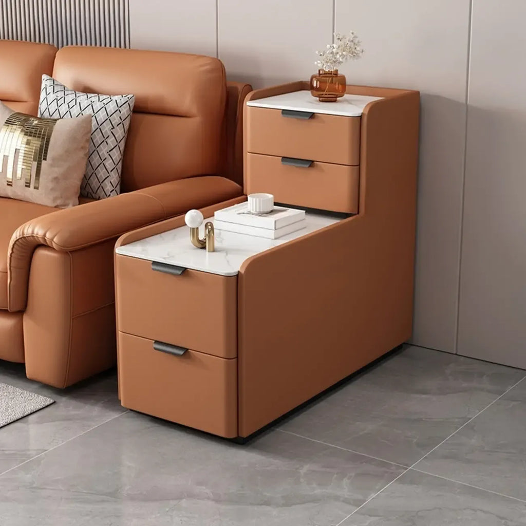 Hoher L-förmiger Beistelltisch fürs Sofa aus Holz mit 4 Schubladen und Steinplatte