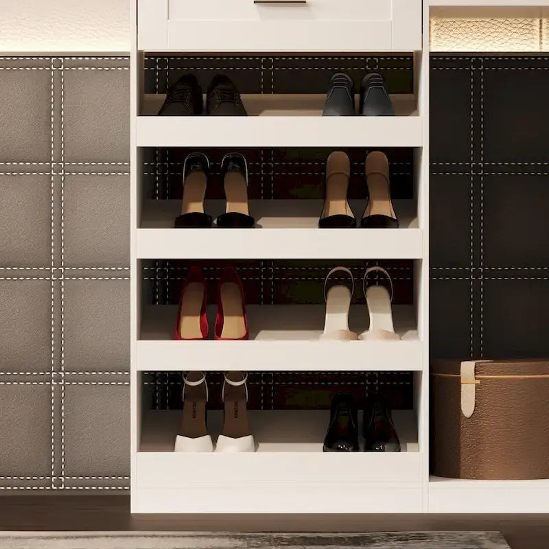 Armoire d’angle avec 2 tringles à vêtements, porte-pantalons et rangement à chaussures