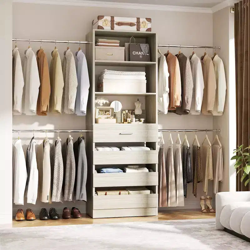 Besiost-Schrankorganisationssystem aus Holz, 4-9 Ft, mit 4 Schubladen, 4 Kleiderstangen und Regaltürmen