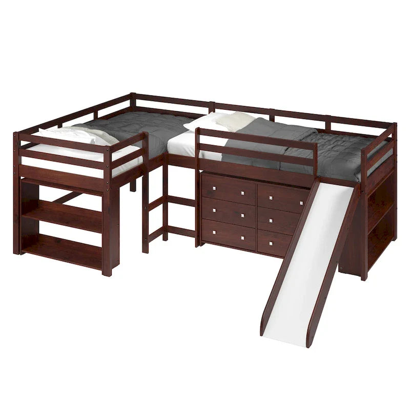 Doppeltes Schlafzimmer-Set mit zwei L-förmig angeordneten Hochbetten und Rutsche in dunklem Cappuccino