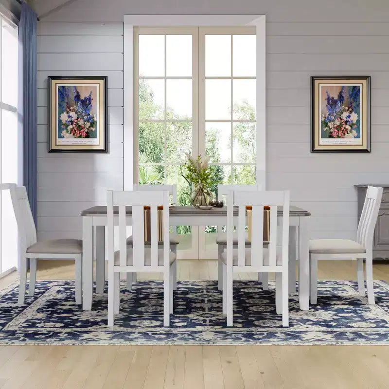 Uitschuifbare eethoekset in landelijke stijl voor 6 personen, rechthoekige tafel en 6 gestoffeerde stoelen