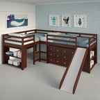 Doppeltes Schlafzimmer-Set mit zwei L-förmig angeordneten Hochbetten und Rutsche in dunklem Cappuccino