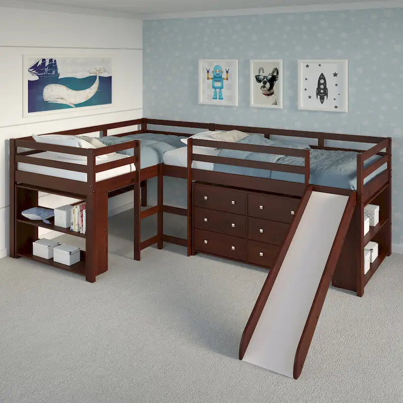 Doppeltes Schlafzimmer-Set mit zwei L-förmig angeordneten Hochbetten und Rutsche in dunklem Cappuccino