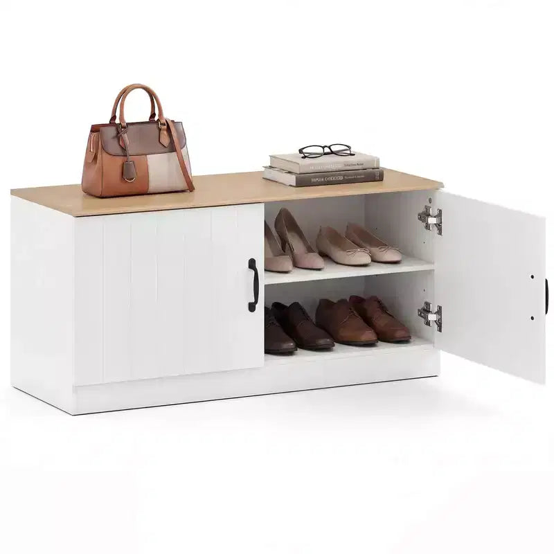 Schoenenbank met 2 deuren, verstelbare planken en verborgen opbergruimte, naturel + wit/wi5te