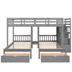 Whisen Etagenbett mit Doppelbett über Einzelbett, dreistöckiges Holzetagenbett mit Schubladen und Schutzgittern