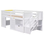 94.6L x 42.3W laag halfhoogslaper van massief hout voor een eenpersoonsbed, met trap, lade en plank, modern en strak ontwerp