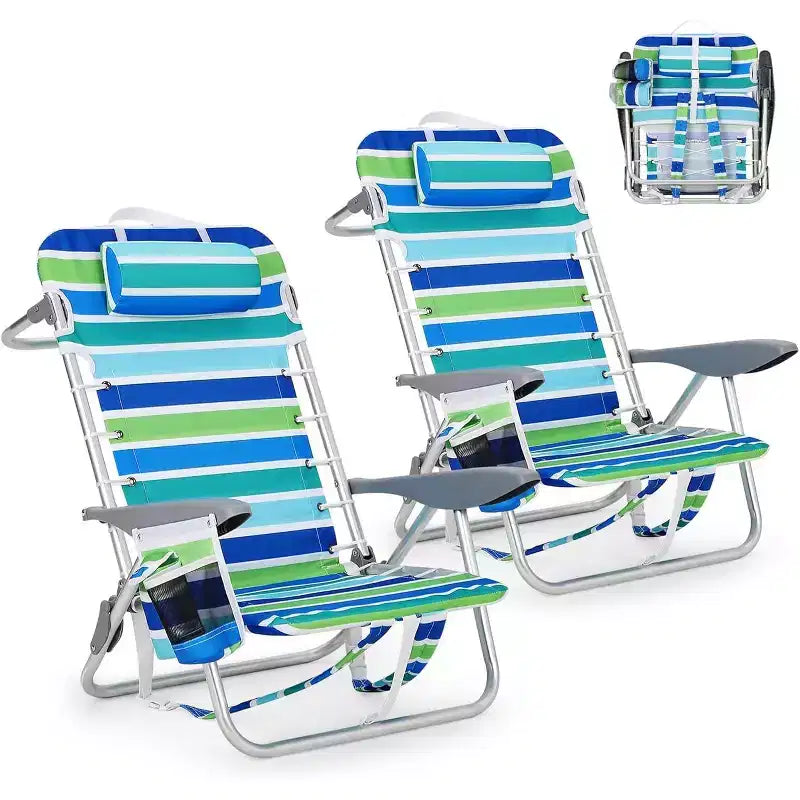 Acekool 2er-Pack leichte Strandstühle im Rucksackdesign, 5-fach verstellbare, flach klappbare Stühle für Erwachsene mit Gurten, Getränkehalter und Handtuchstange, belastbar bis 300 lbs