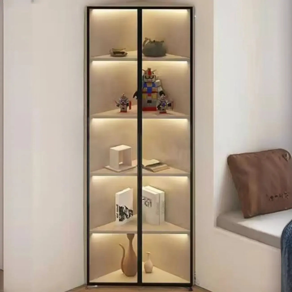 Vitrine d'angle moderne en métal et bois gris avec porte vitrée