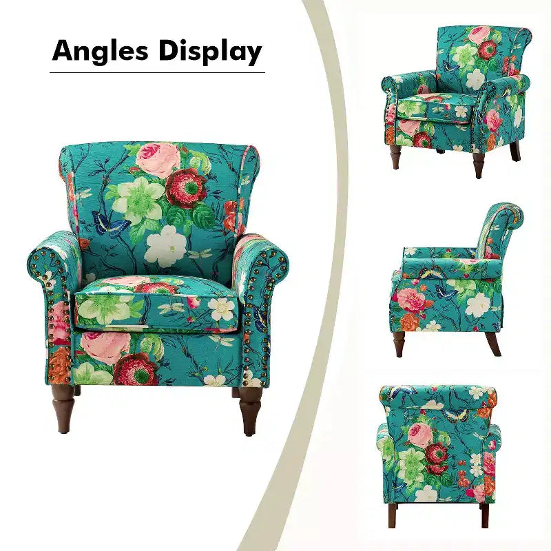 Araceli traditionele houten fauteuil met bloemenstof, hoge rugleuning met vleugels en siernagels| ART OF LIVING DESIGNS
