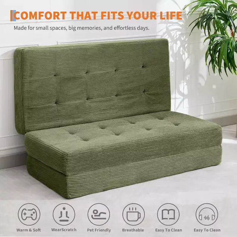 SunnyFurn drievoudig opvouwbaar matras en slaapbank van 6 Inch, opvouwbaar schuimrubberen logeerbed van 75X54.3 met geribde ribfluweelbekleding, draagbaar voor kamperen, woonkamer en slaapkamer