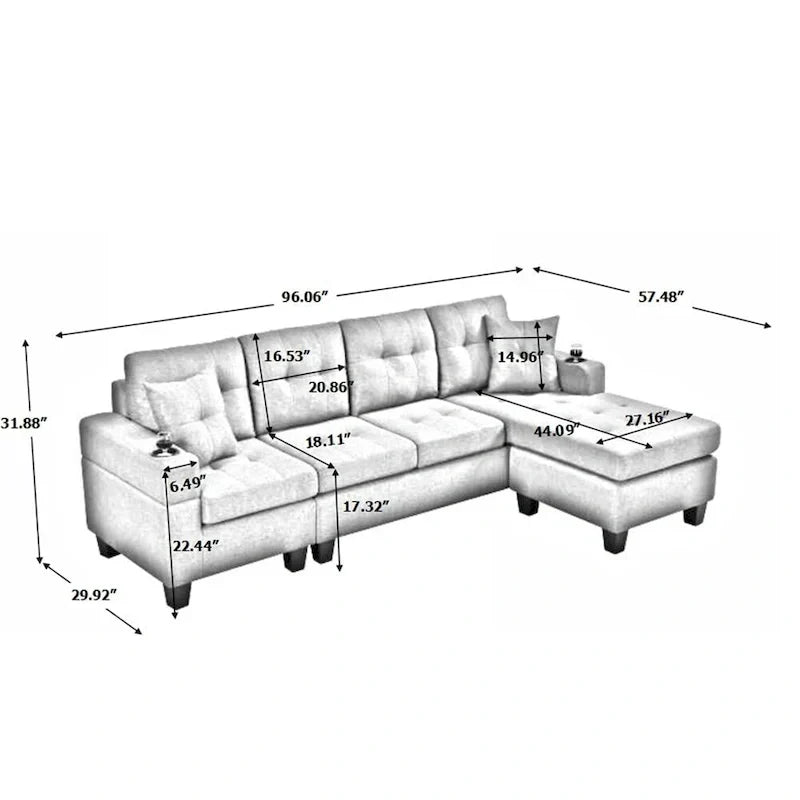 Wohnlandschaft mit L-förmiger Chaiselongue und Getränkehalter