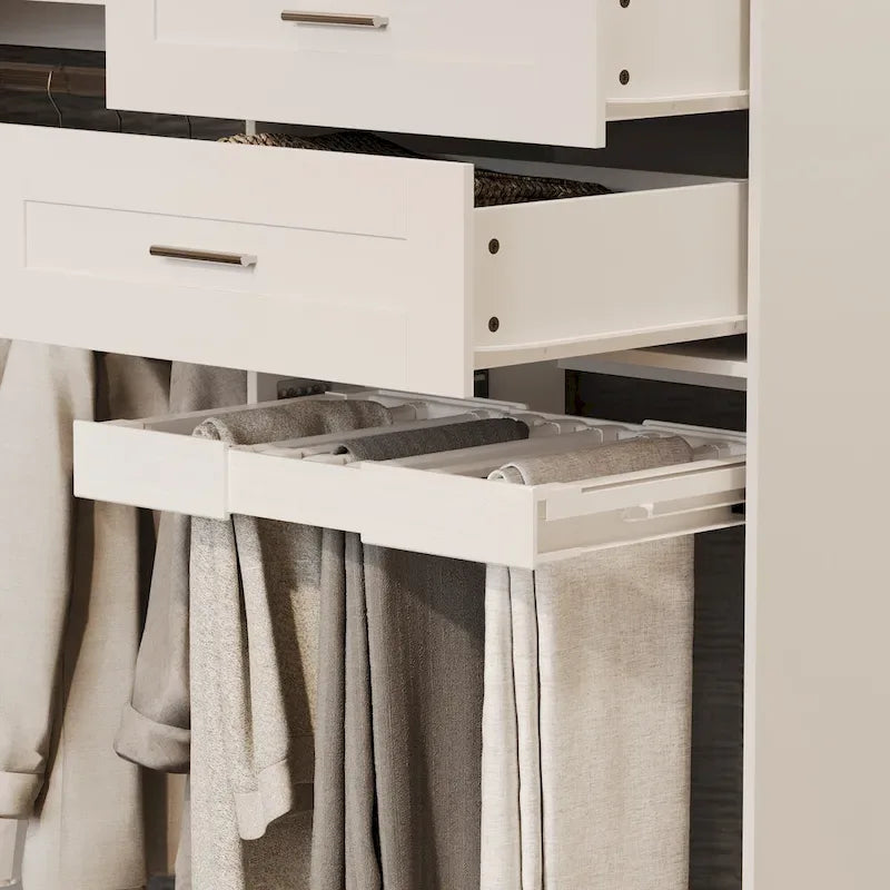 Armoire d’angle avec 2 tringles à vêtements, porte-pantalons et rangement à chaussures