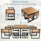 18-teiliges Garten-Esszimmer-Set aus Akazienholz, 8 gepolsterte Stühle, 8 Hocker und 2 quadratische Tische