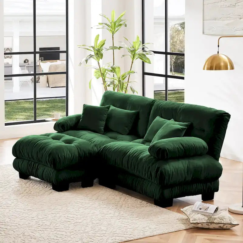 L-vormige loveseat, hoekbank van chenille met lendenkussens