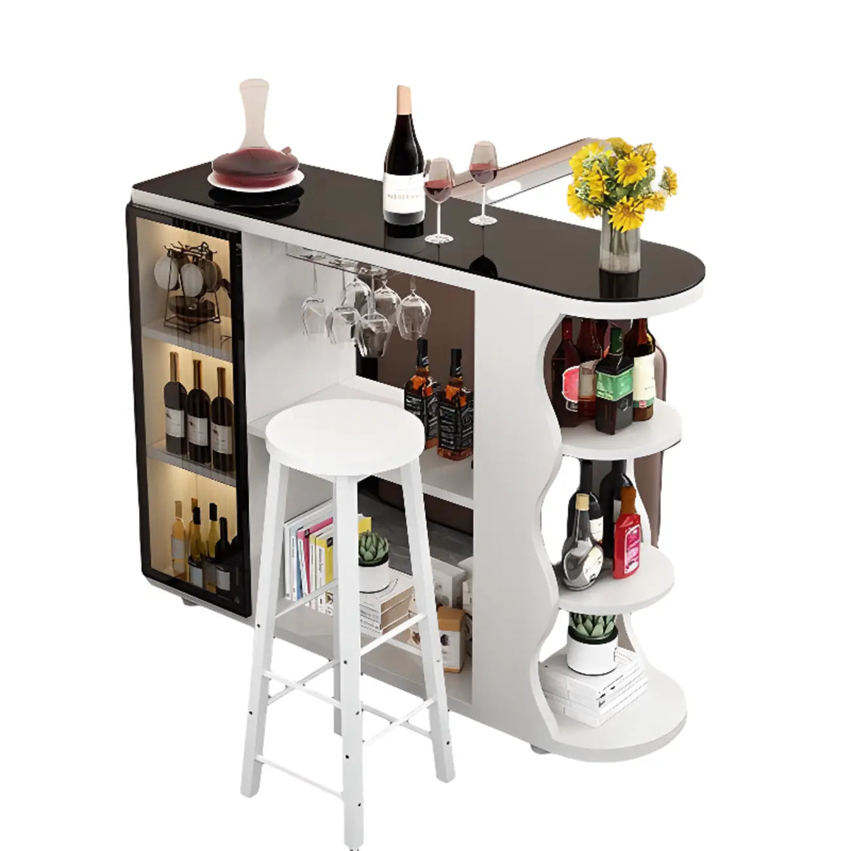 Moderner Bartisch in organischer Form mit Steinplatte und Stauraum für Hausbars