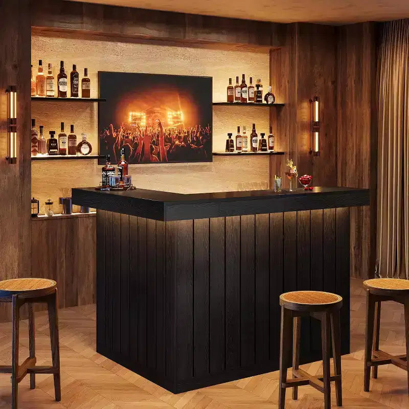 Lantine L-vormige thuisbar, hoekbartafel met 4 niveaus, opbergplanken en wijnglashouder voor thuisbar