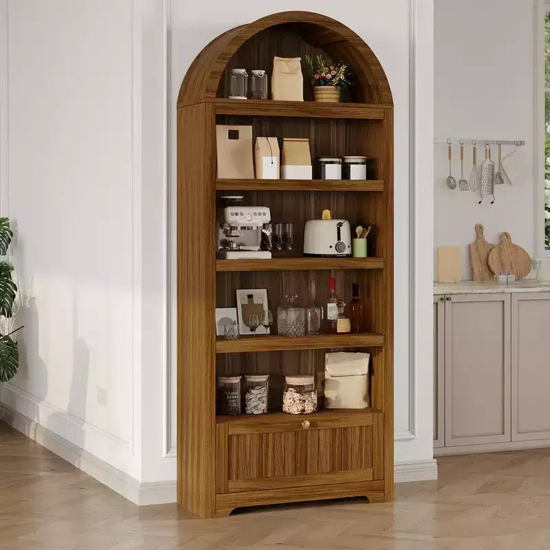 Bibliothèque arquée de 72 pouces avec tiroir de rangement, meuble vitrine moderne en bois à 6 niveaux avec étagères ouvertes et tiroir inférieur, porte d’armoire incurvée