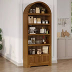 Bibliothèque arquée de 72 pouces avec tiroir de rangement, meuble vitrine moderne en bois à 6 niveaux avec étagères ouvertes et tiroir inférieur, porte d’armoire incurvée