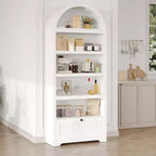 Bibliothèque arquée de 72 pouces avec tiroir de rangement, meuble vitrine moderne en bois à 6 niveaux avec étagères ouvertes et tiroir inférieur, porte d’armoire incurvée