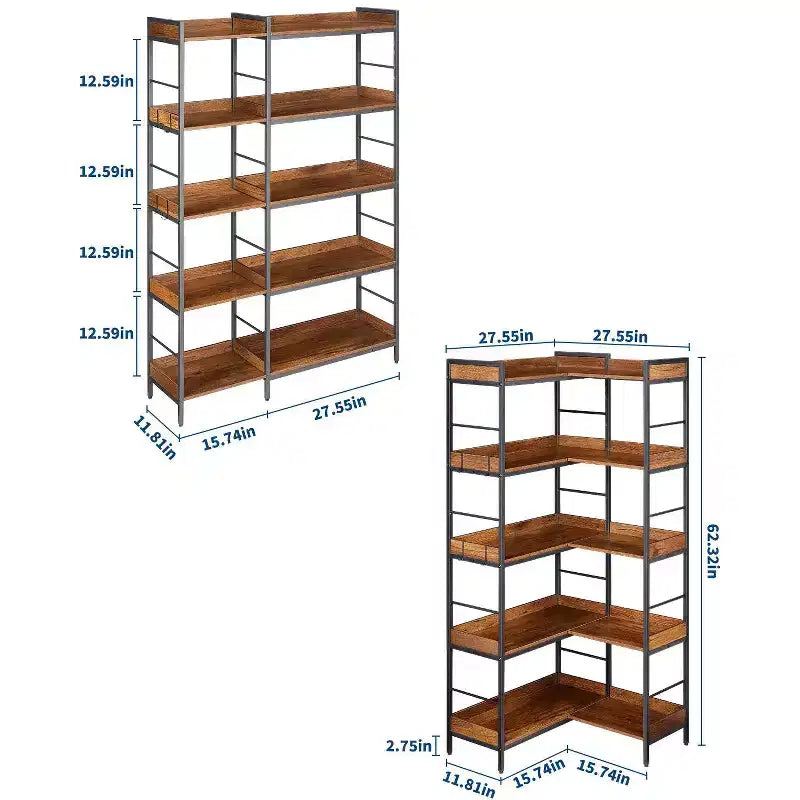 Hoekboekenkast in L-vorm met 5 planken, 65, industriële boekenkast van hout en metaal (rustiek bruin), omkeerbare opbergruimte voor de woonkamer, slaapkamer en thuiswerkplek