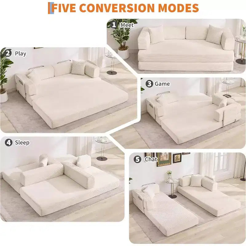Rozkładana sofa 5 w 1, modułowa sofa do spania z sztruksu o szerokości 78.8 i solidnym stelażu, wielofunkcyjny futon do małych pomieszczeń, salonu i pokoju gościnnego