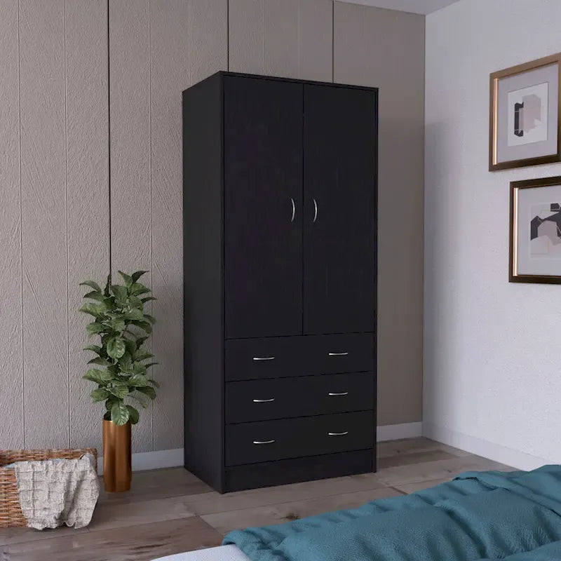 Armoire moderne à deux portes de 19 avec 3 tiroirs et 1 tringle à vêtements pour chambre
