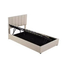 Bellemave eenpersoons opbergbed met liftmechanisme, gestoffeerd platformbed met hydraulisch opbergsysteem, hoofdbord met verticale strepen, beige