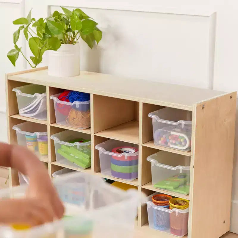 Meuble mobile à casiers avec plateau et 15 bacs à façade incurvée, 3x4, mobilier pour enfants