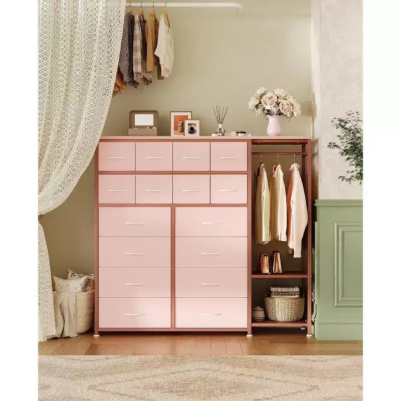Kommode mit 16 Schubladen, Kleiderstange und Regalen, Stoff-Aufbewahrungsorganizer für Schlafzimmer, Kleiderschrank oder Eingangsbereich
