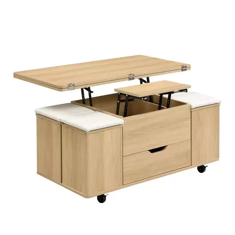 Multifunktionaler moderner Couchtisch mit Hubplatte und verstecktem Stauraum, 4 Hockern und Rollen, perfekt für moderne Wohnräume