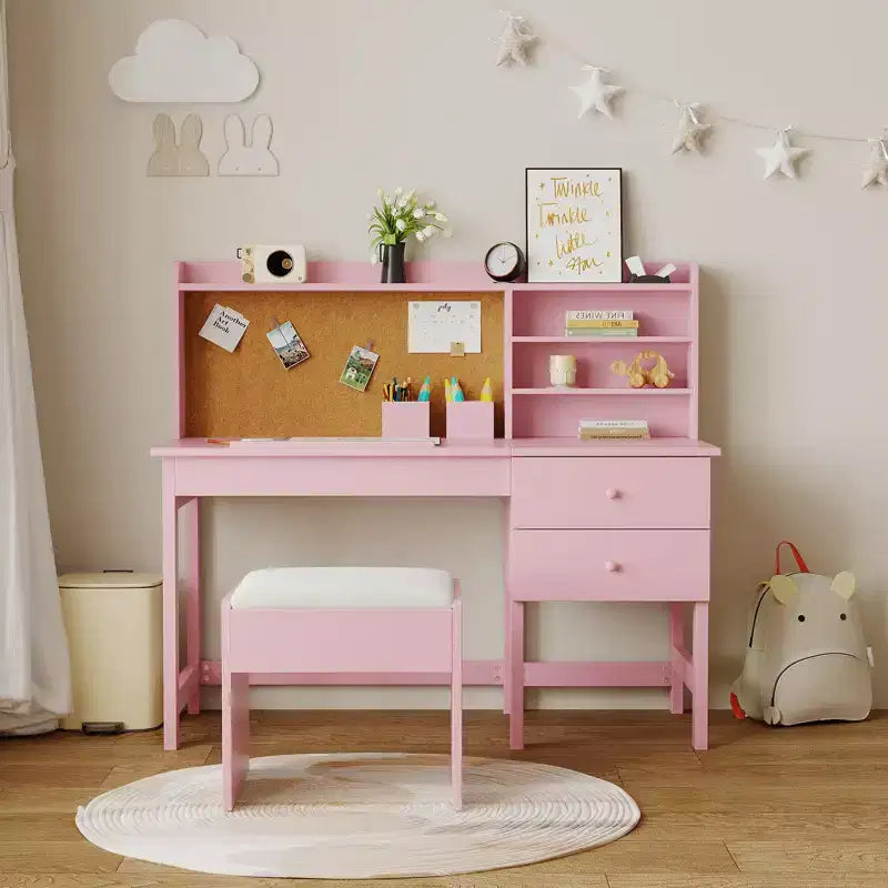Ensemble bureau et chaise pour enfant, table d’étude en bois avec plateau inclinable réglable, tiroirs et tableau en liège - Ensemble de bureau scolaire pour enfants