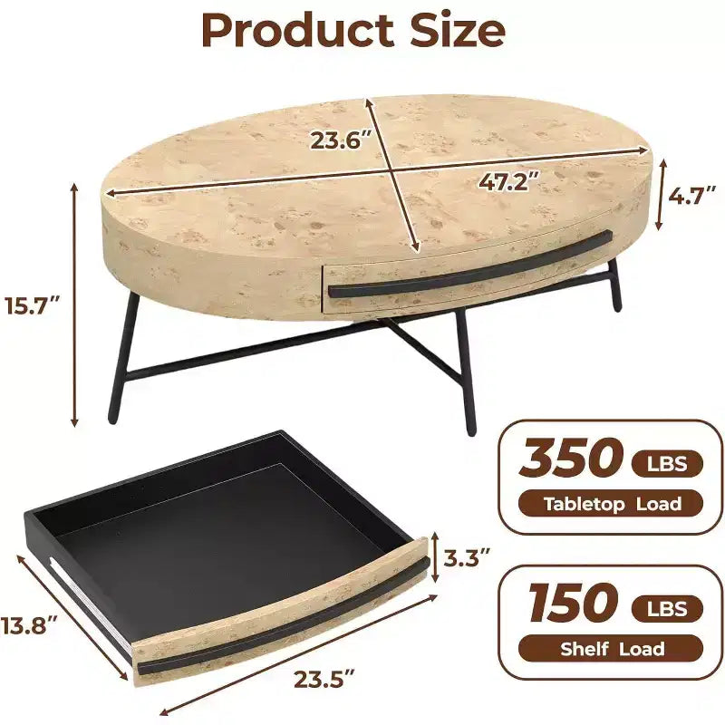 Acekool ovale salontafel met lade, houten opbergtafel van 47.2 met metalen kruispoten, modern tafelblad uit het midden van de vorige eeuw in naturel en gouden wilg